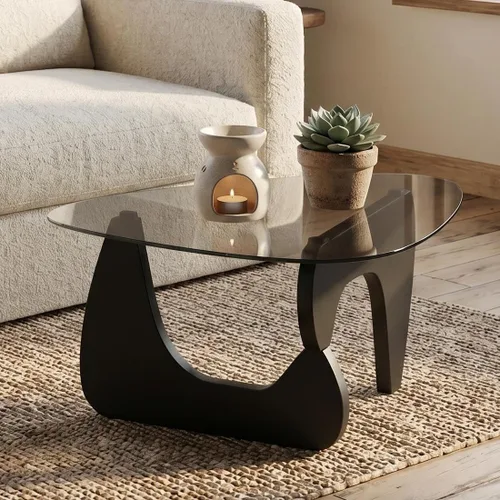Miniatura 4 de LukeAlon Mesa auxiliar triangular moderna color negro y gris, parte superior de vidrio templado y base de madera, mesa auxiliar geométrica abstracta
