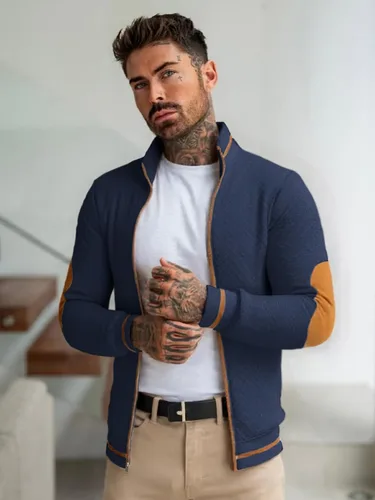 Miniatura 3 de Riskrole - Chaqueta ligera para hombre de jacquard, con cremallera completa, cuello alto, estilo bomber, casual, elegante, chaqueta varsity