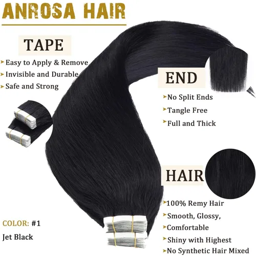 Miniatura 2 de Anrosa Extensiones de cabello humano real de 20 pulgadas, extensiones de cabello humano lacio de doble cara, color negro azabache, 1.76 oz, 20