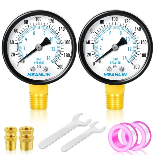 Miniatura 28 de MEANLIN MEASURE Manómetro de presión de bomba de pozo de 0-100 Psi, cara de dial de 2", NPT de 1/4", con buje hexagonal de 1/2" NPT y 3/8" NPT