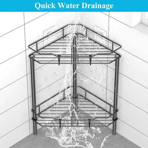 Miniatura 6 de HuggieGems Estante Organizador de Esquina para Ducha de 2 Niveles con Ganchos, Soporte de Estantes de Baño, Negro