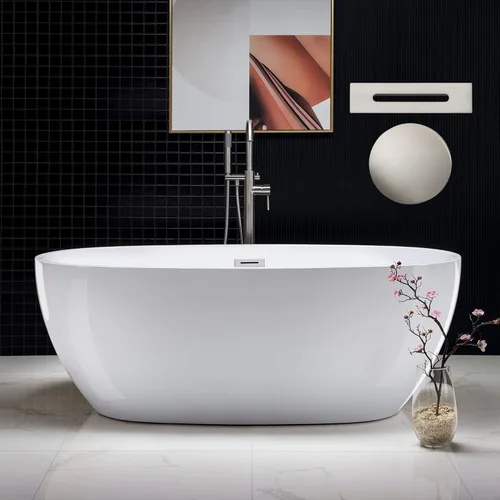 WOODBRIDGE - Bañera independiente de acrílico de 67 pulgadas, bañera contemporánea de remojo color blanco con desbordamiento y drenaje de níquel