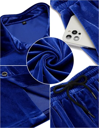 Miniatura 5 de LecGee Conjuntos de Pantalones Cortos Casuales de Verano para Hombres Camisa de Terciopelo de Manga Corta con Botones Pantalones Cortos de Cintura