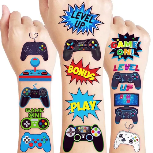 96 piezas de tatuajes temporales retro de píxeles para niños, decoración de fiesta de cumpleaños temática de videojuegos, suministros de decoración