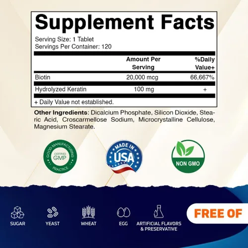 Miniatura 2 de Vitamatic Biotina de alta potencia de 20000 mcg (20 mg) con queratina 100 mg – 120 tabletas – Suplementos de biotina para un cabello, piel y uñas