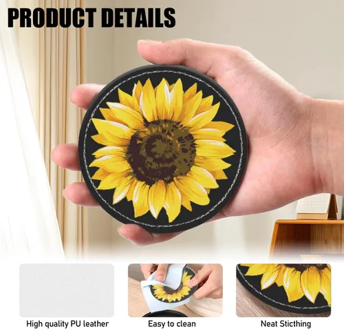 Miniatura 5 de Posavasos para bebidas de piel sintética, juego de 6 con soporte, regalo de inauguración de la casa, decoración del hogar, girasol de acuarela negro
