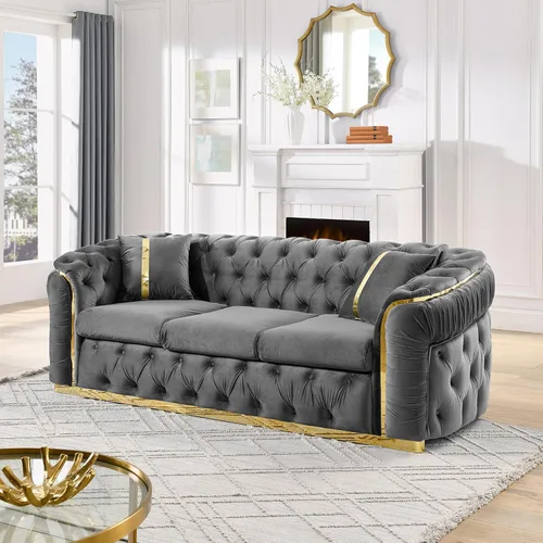 Miniatura 8 de KEIKI Sofá Chesterfield de terciopelo de lujo de gran tamaño de 81 pulgadas con decoración de acero inoxidable dorado, sofá de 3 plazas
