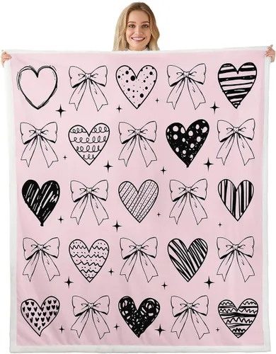 Manta de cama con estampado de corazones de lazo, manta de felpa de grafiti dibujada a mano para decoración rústica del hogar, manta de franela de