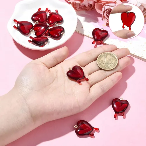 Miniatura 3 de Ipotkitt 10 dijes de corazón fundido transparente rojo con parte trasera plana, dijes de corazón de San Valentín en forma de corazón para el día
