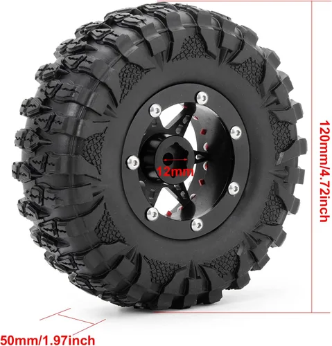 Miniatura 3 de Neumáticos de goma OD de 4.724 in y llantas de metal Beadlock de 2.2 pulgadas para 1/10 RC Rock Crawler Car Axial SCX10 RR10 Wraith 90056 Traxxas