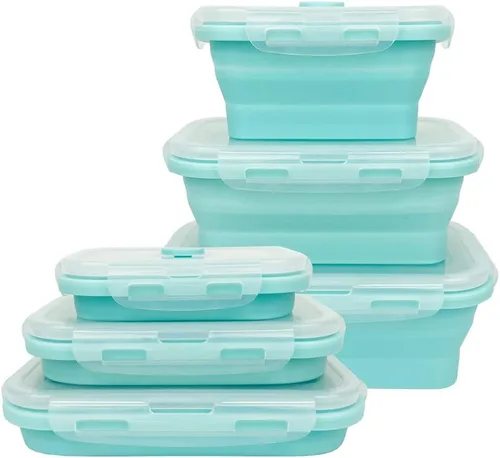 Miniatura 10 de CARTINTS Recipientes plegables de silicona azul para almacenamiento de alimentos, tazones de preparación/almacenamiento con tapas, recipientes
