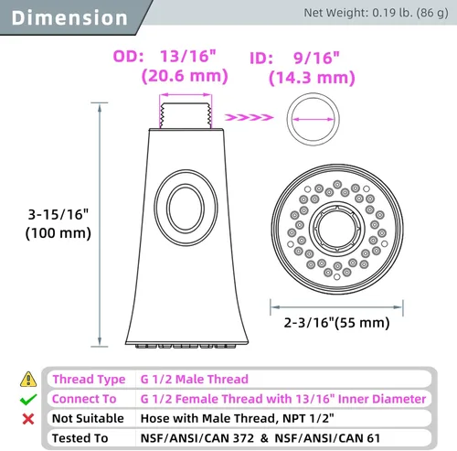 Miniatura 2 de Angle Simple Repuesto de cabezal de grifo de cocina, conector de rosca macho G de 1/2 o 13/16 pulgadas, probado según NSF/ANSI/CAN 61 y 372, Níquel