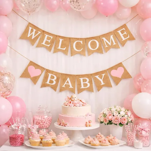 Cartel de arpillera de bienvenida para decoración de baby shower y fiesta de revelación de género (corazones rosa claro)