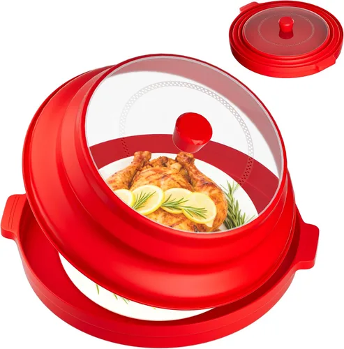 Miniatura 9 de Cubierta 2 en 1 para salpicaduras de microondas para alimentos con placa base antiquemaduras, tapa grande de plástico y silicona plegable