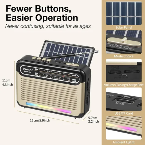 Miniatura 6 de G Keni Radio solar portátil AM FM SW con batería recargable, radio Bluetooth de onda corta, recepción fuerte, entrada de tarjeta USB/TF, panel