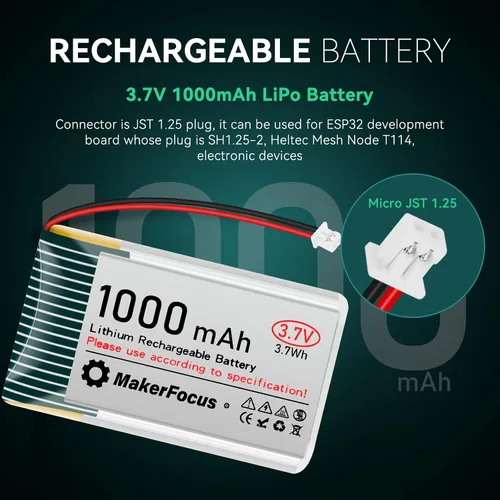 Miniatura 2 de Batería recargable de polímero de litio de 3.7 V 1000 mAh con placa de protección, cinta de goma aislada y enchufe JST 1.25 para placa de desarrollo
