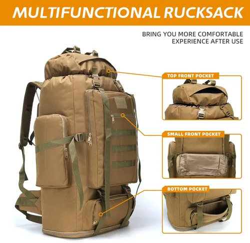 Miniatura 3 de 70L/100L senderismo camping mochila MOLLE mochila impermeable Daypack para viajar, Caqui, Mochila de senderismo 100l
