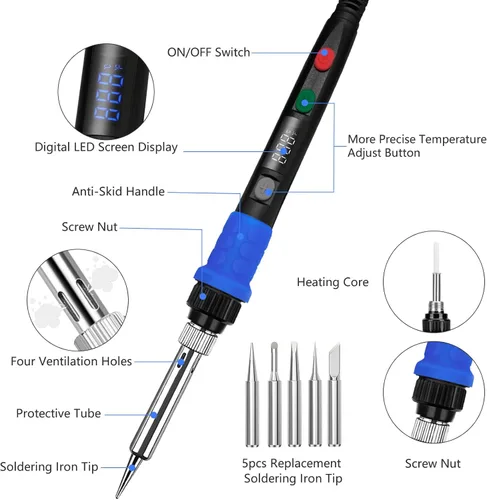 Miniatura 7 de Kit de soldador, soldador digital led de 90 W con calentador cerámico, herramientas soldadoras de 110 V con control inteligente de temperatura y 90W