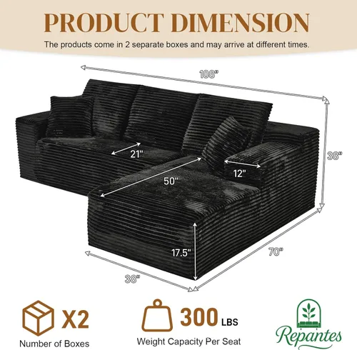 Miniatura 2 de Sofá seccional sin costuras de 108" en forma de L para sala de estar, cómodo sofá de corduroy con chaise, amplios reposabrazos, asiento profundo