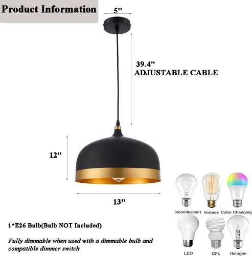 Miniatura 4 de Lámpara colgante de cocina negra y dorada, color negro mate, ajustable, 1 luz, mini candelabros de mediados de siglo, lámpara colgante de techo