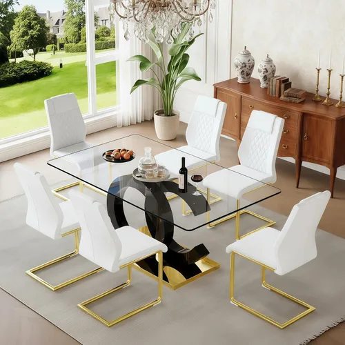 Miniatura 31 de Juego de mesa de comedor de cristal de 63 pulgadas para 6, juego de mesa de comedor moderno para 6, mesa de vidrio templado con patas negras