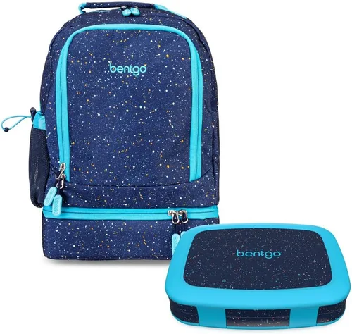 Bentgo® Lonchera infantil de 5 compartimentos con mochila 2 en 1 para niños y bolsa de almuerzo aislada (edición confeti - azul abismo)
