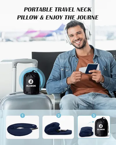 Miniatura 7 de Almohada Inflable para Cuello de Viaje, Almohada de Viaje con Soporte para Cabeza y Cuello, Almohada de Cuello para Viaje en Avión, Tren, Coche, Azul