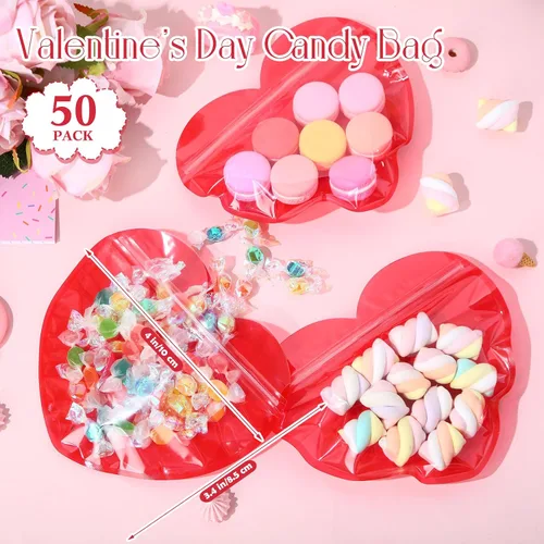 Miniatura 2 de Yexiya 50 bolsas de regalo de corazón grandes para pequeñas empresas de 3.4 x 4 pulgadas, bolsas de joyería transparentes en forma de corazón, Rojo