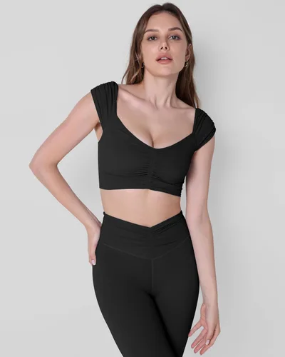 Miniatura 34 de ODODOS Camiseta corta sin mangas con cuello en V y frente fruncido para mujer, recortada en la espalda, manga casquillo