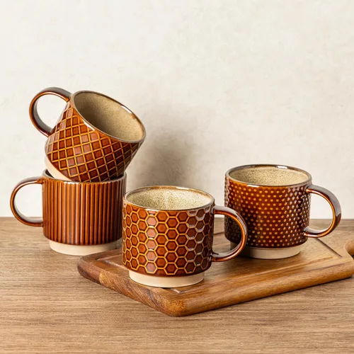 Miniatura 11 de GBhome Tazas de café apilables de 6 onzas, tazas de café de cerámica con patrones de textura para hombre, mujer, papá, mamá, juego de 4 tazas