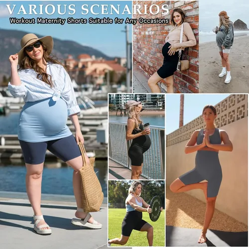 Miniatura 2 de GROTEEN Paquete de 3 pantalones cortos de maternidad para mujer con bolsillos, cintura alta de 8 pulgadas, pantalones cortos de ciclismo