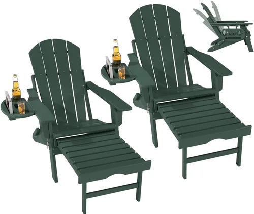 Miniatura 12 de FOOWIN Silla Adirondack plegable ajustable con otomana retráctil, silla Adirondack de polietileno de alta densidad con bandejas 4 en 1, resistente a