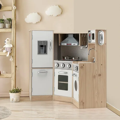 Miniatura 9 de Costzon Juego de cocina para niños, cocina de juego de simulación de madera 9 en 1 con luz y sonido realistas, máquina de hielo, lavadora
