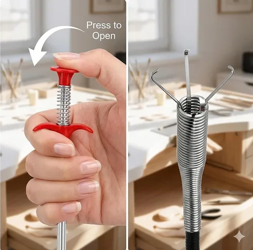 Miniatura 3 de Herramienta flexible para eliminar obstrucciones de drenaje, extralarga para fontanería con pinza de agarre de 4 puntas, alcanzador de resorte