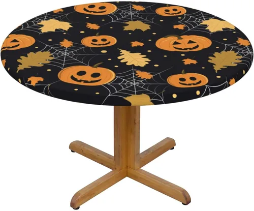 Miniatura 3 de Famame Mantel redondo ajustable con diseño de hojas de otoño y Halloween, con borde elástico, impermeable, con borde elástico, para interiores