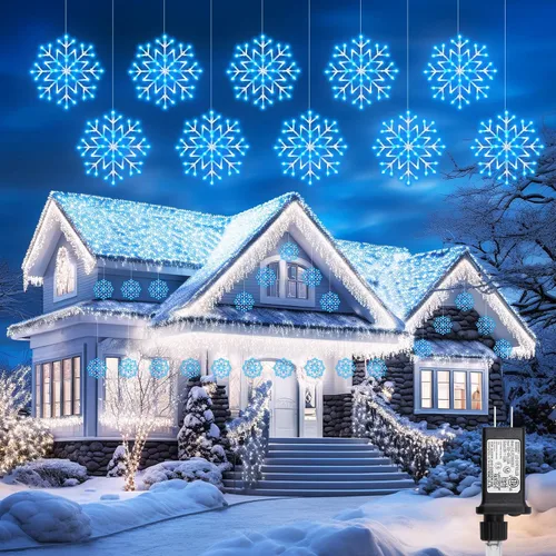 Miniatura 10 de Luces de Navidad Brightown estilo carámbano para exterior - Enchufe de 3.2 m, 5 gotas, 240 LED, luz de ventana con forma de copo de nieve con 8