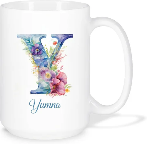 Miniatura 11 de Taza de café personalizada de la letra A del alfabeto, Taza de café blanca con nombre personalizado único, Taza inicial de monograma floral