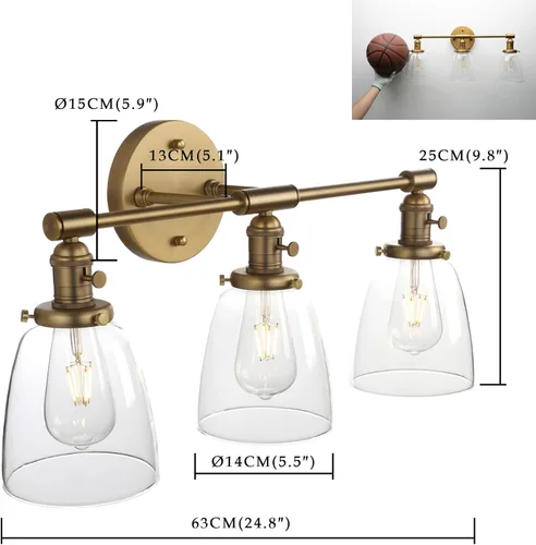 Miniatura 8 de Phansthy 3 apliques de pared de latón antiguo, lámpara de pared con interruptor de encendido y apagado y pantalla de vidrio transparente