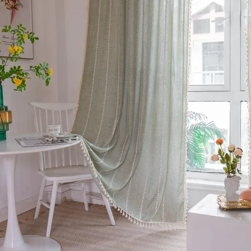 Miniatura 12 de 2 paneles de cortinas de lino semiopacas para ventana, bohemias y rústicas, con rayas bordadas y bolsillo para cortinero, para sala de estar