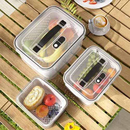 Miniatura 10 de Juego de 3 recipientes de almacenamiento de alimentos para refrigerador con tapas con colador, recipientes de almacenamiento de frutas y verduras