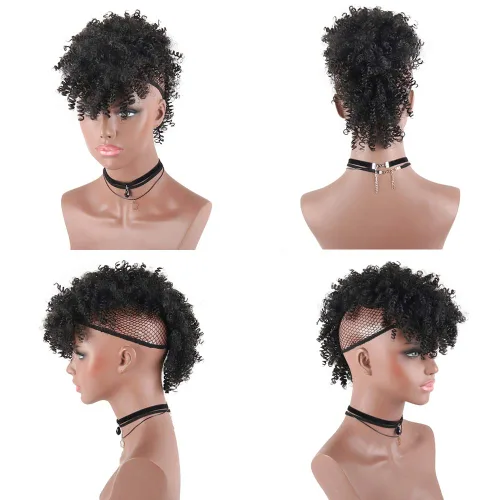 Miniatura 3 de Aisaide Cola de caballo afro Mohawk alta con flequillo sin cordón, extensión de cola de caballo corta rizada sin cordón, clip sintético en moño