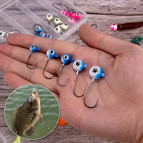 Miniatura 7 de Alownder - Juego de 20 cabezas de pesca con ojos holográficos 3D, cabezas de plantilla redondas, jigs de agua salada y dulce Walleye jigs Live Bait