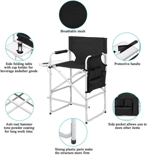 Miniatura 9 de Vasitelan Silla plegable alta para directores con bolsa de almacenamiento para mesa auxiliar, altura de barra portátil para maquilladores, marco