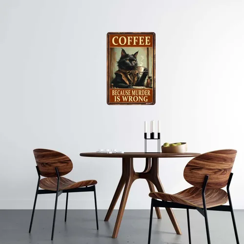 Miniatura 4 de Letrero retro de aluminio de 8 x 12 pulgadas con diseño de gato con texto en inglés «Coffee Because Murder Is Wrong», letreros de cocina de metal