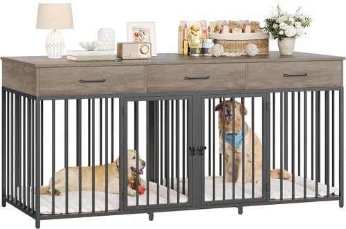 HOSTACK Mueble doble para perros, perrera de 71 pulgadas de ancho para interiores con 3 cajones, jaula de granja para perros para 2 perros Gris