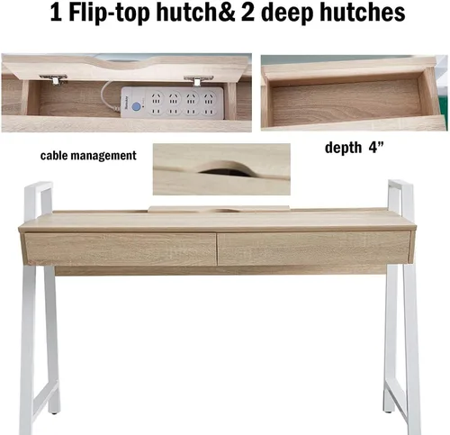 Miniatura 6 de LUCKYERMORE Escritorio para computadora de oficina en casa, mesa de pie de madera de roble de 50 pulgadas con 2 cajones, escritorio de estudio