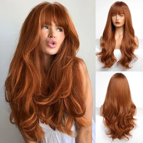 Miniatura 18 de HAIRCUBE Peluca Auburn con Flequillo Cabello Largo con Flequillo Cabello Rojo Apariencia Natural Resistente al Calor Peluca Sintética Juego Diario