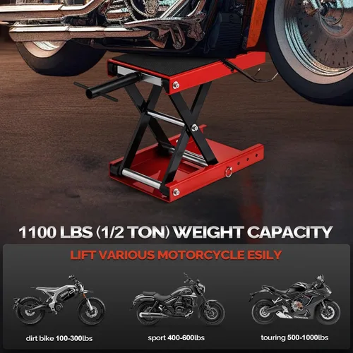 Miniatura 3 de TUFFIOM 1100LBS Gato de elevación de tijera para motocicleta, altura ajustable con superficie superior de goma y pin de seguridad, soporte central