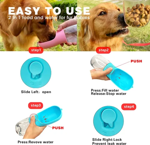 Miniatura 4 de Botella de agua para perros con recipiente para alimentos, dispensador de agua portátil a prueba de fugas para mascotas, para caminar, senderismo