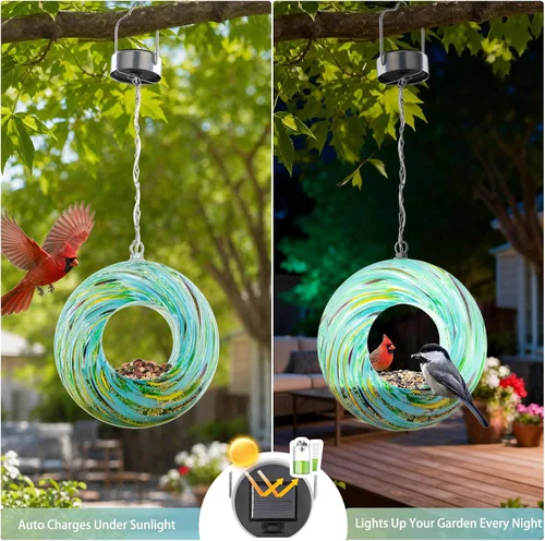 Miniatura 4 de Yinns Comederos de vidrio para pájaros colgantes en el exterior, comedero para pájaros con forma redonda solar para decoración de jardín de patio